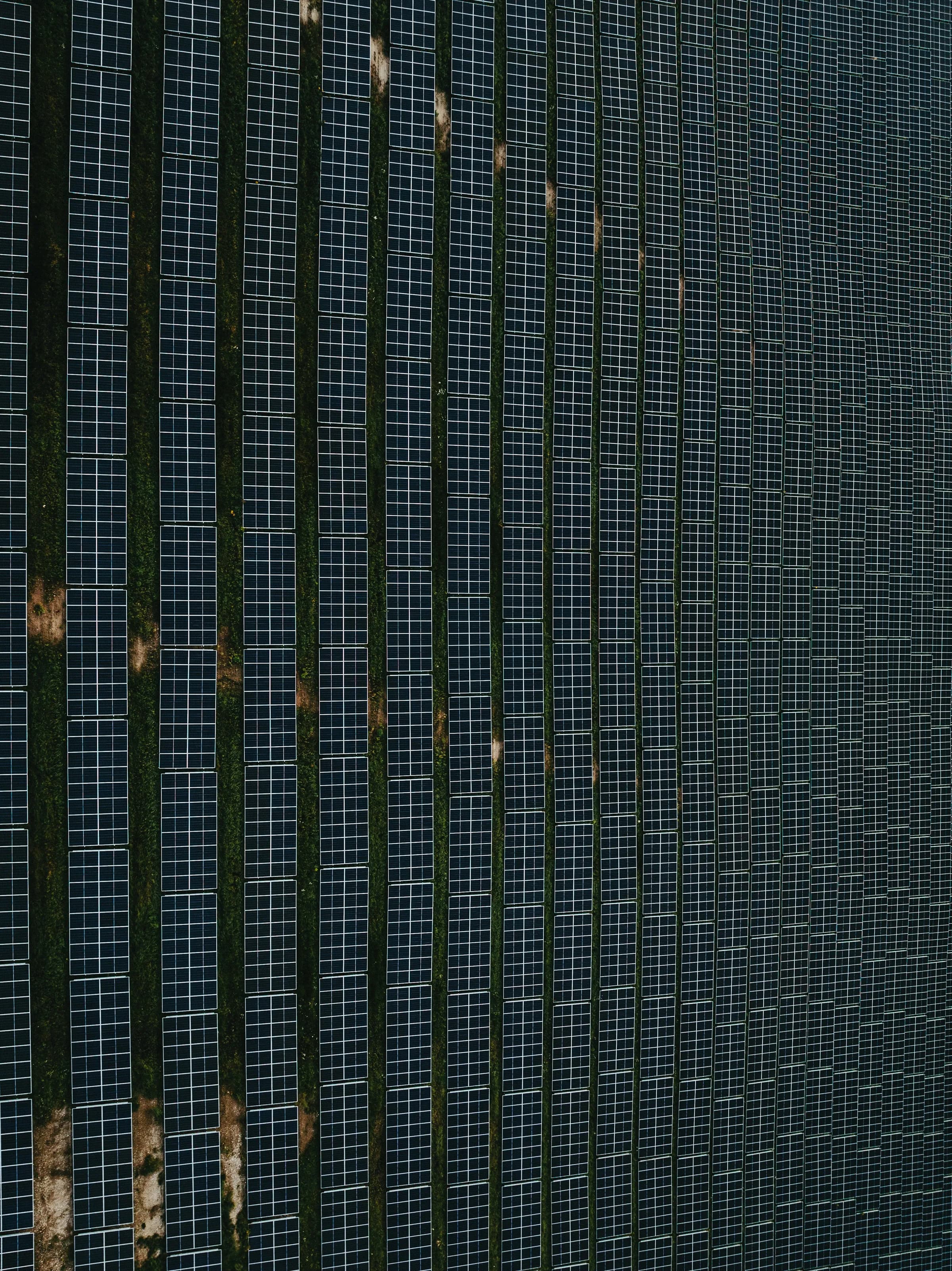 Rows of solar panels on a large rooftop